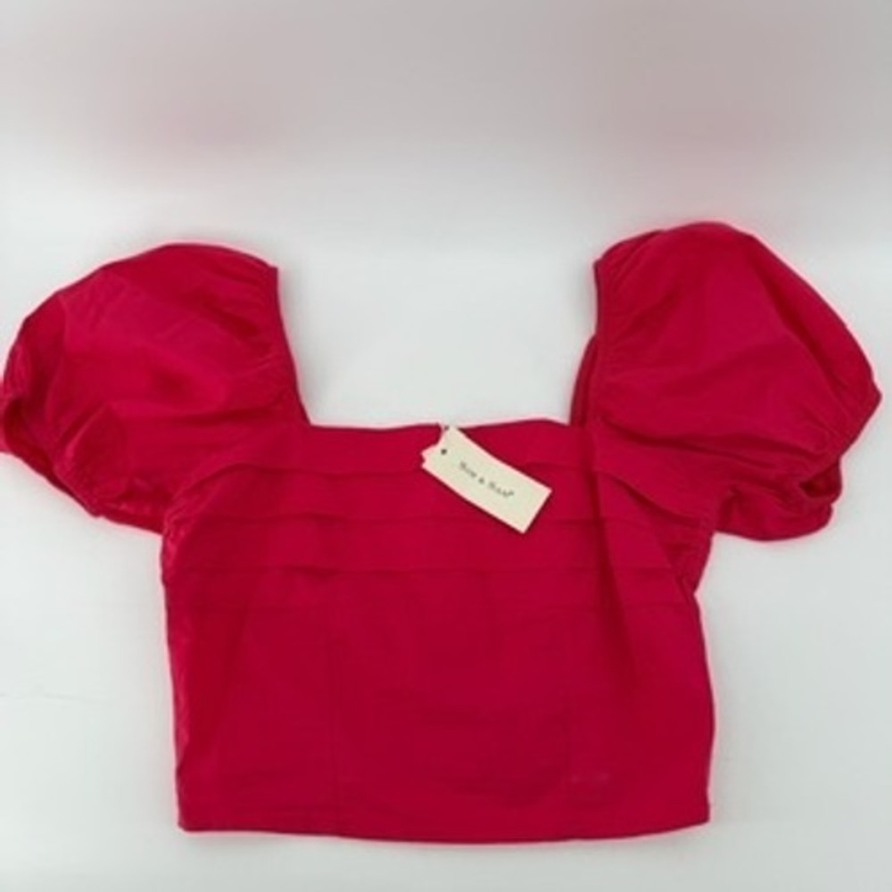 Sim & Sam Womens Pink Flame Pleated Puff Sleeve Smocked Crop Top 52312BL M NEW